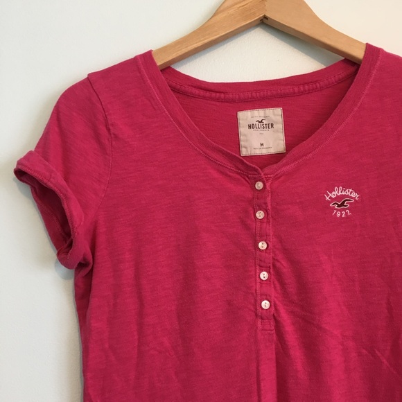 Hollister Hot Pink Short Sleeve Top Buttons Logo M - Picture 2 of 7